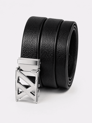 Men’s Black Leather Auto-Lock Belt with Silver-Tone Buckle