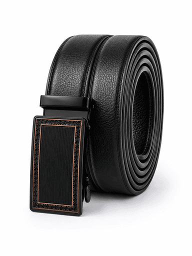 Men’s Black Leather Auto-Lock Belt with Copper-Accent Buckle