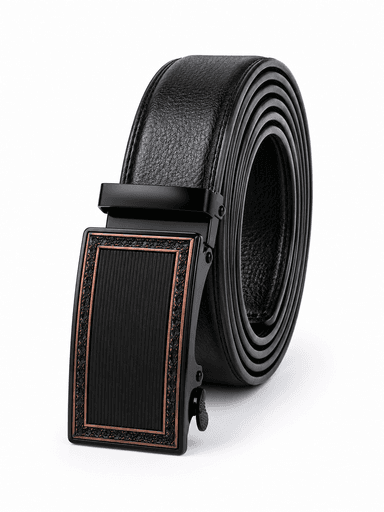 Men’s Black Leather Auto-Lock Belt with Copper-Accent Buckle