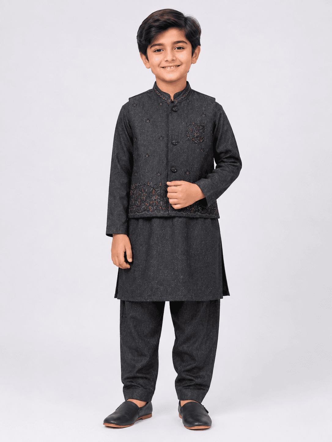 Boys’ Embroidered Kurta Pajama Suit with Waistcoat – 3 Piece Set