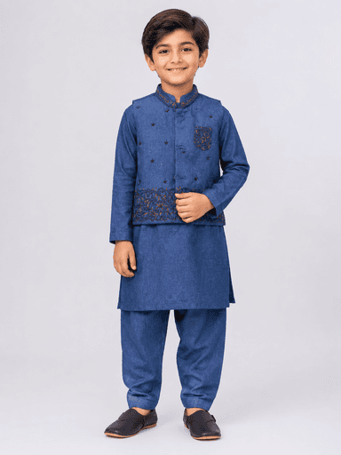 Boys’ Embroidered Kurta Pajama Suit with Waistcoat – 3 Piece Set