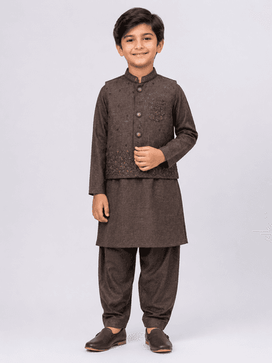 Boys’ Embroidered Kurta Pajama Suit with Waistcoat2 – 3 Piece Set