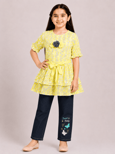 Girls’ Chiffon Printed Frock Top & Embroidered Denim Jeans 2-Piece Suit
