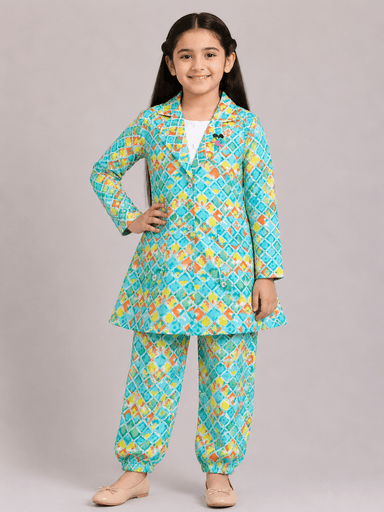 Girls’ Printed Chiffon 3-Piece Suit – Long Top, Inner Shirt & Matching Trousers