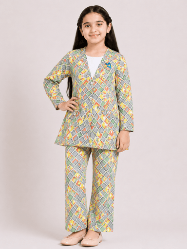 Girls’ Printed Chiffon 3-Piece Suit – Long Top, Inner Shirt & Matching Trousers