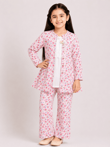 Girls’ Printed Chiffon 3-Piece Suit – Long Top, Inner Shirt & Matching Trousers