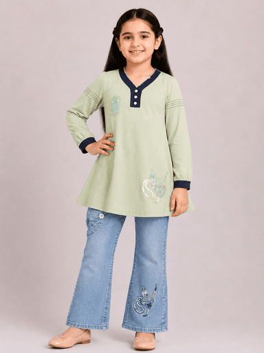 Girls’ Jersey Long Top & Embellished Denim Jeans 2-Piece Suit