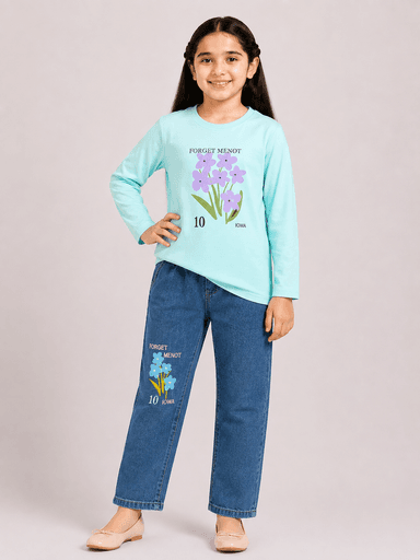 Girls’ Printed Jersey Long-Sleeve Top & Denim Jeans 2-Piece Suit