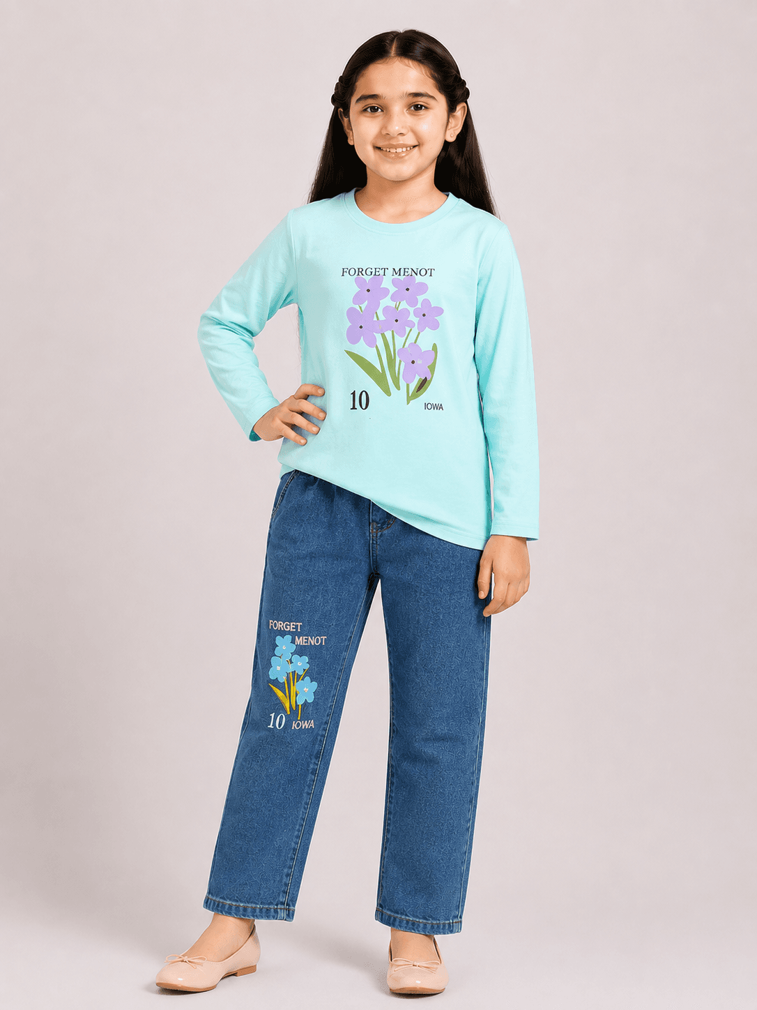 Girls’ Printed Jersey Long-Sleeve Top & Denim Jeans 2-Piece Suit