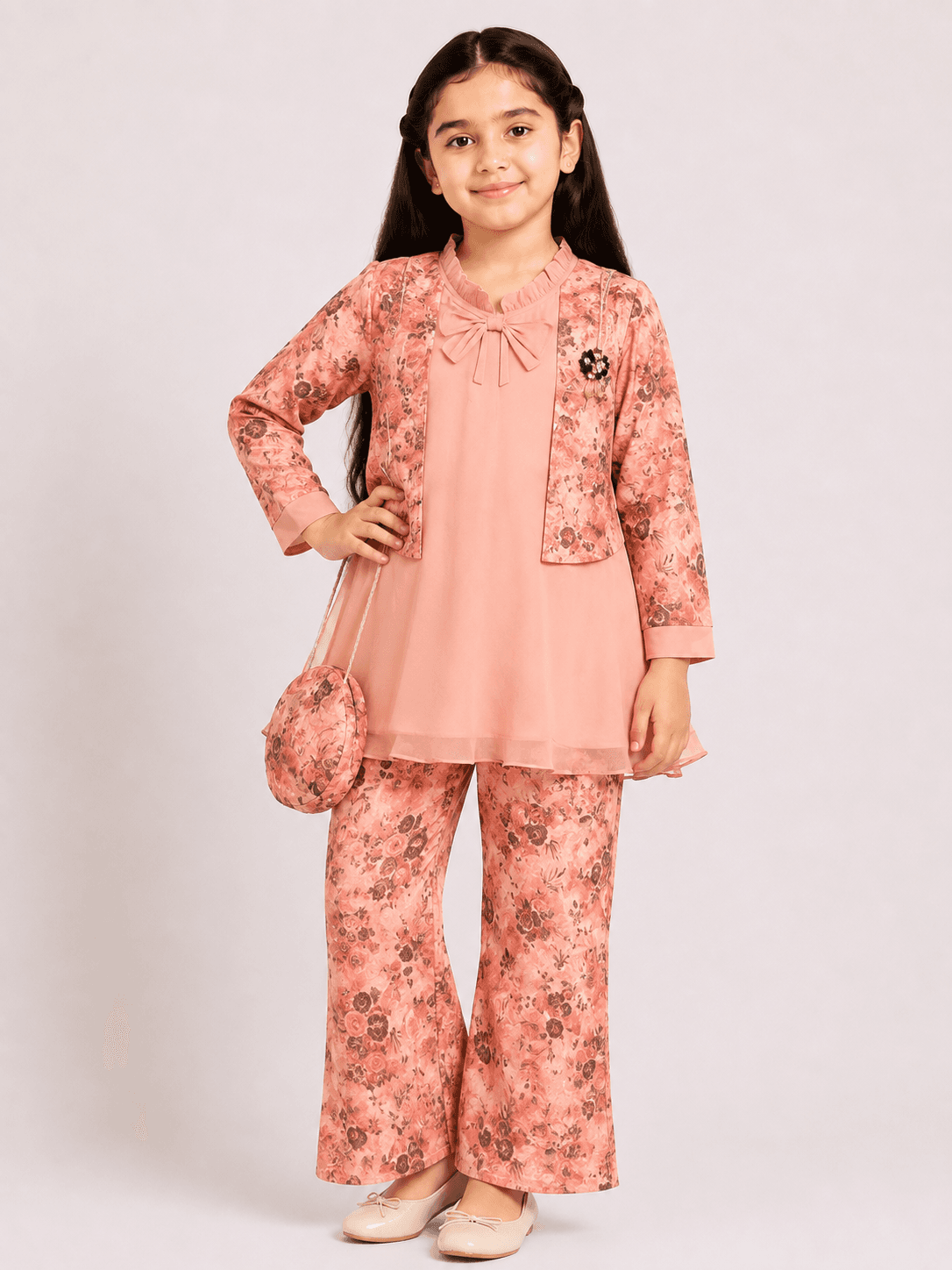Girls’ Floral Chiffon Layered Top, Jacket & Wide-Leg Trouser 3-Piece Suit