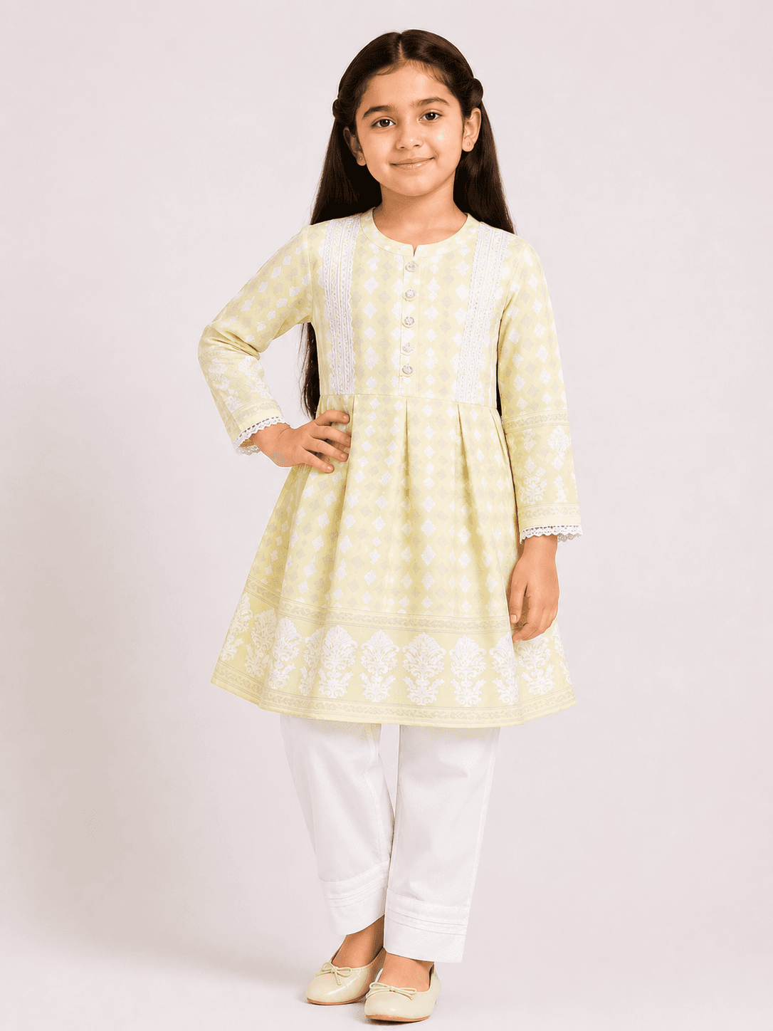 Girls’ Printed Lawn Frock-Style Kurti with White Trouser 2-Piece Suit