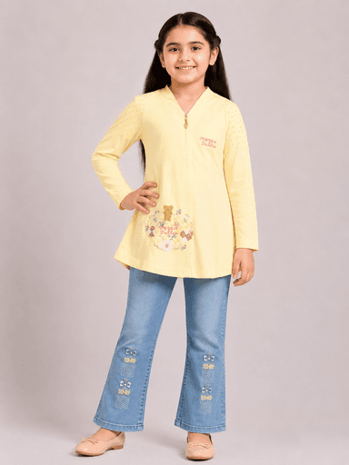 Girls’ Embellished Jersey Long Shirt with Flared Jeans Pant 2-Piece Suit