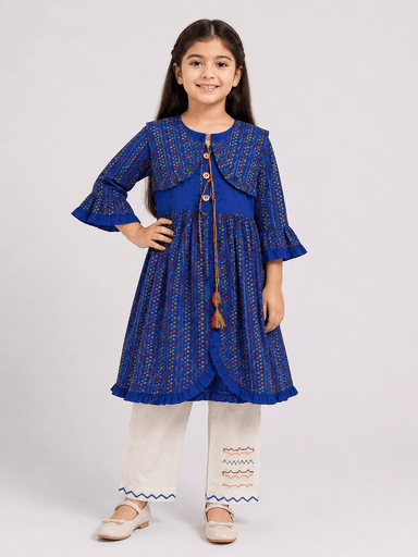Girls’ Printed Lawn Frock & Embroidered Trouser 2-Piece Suit