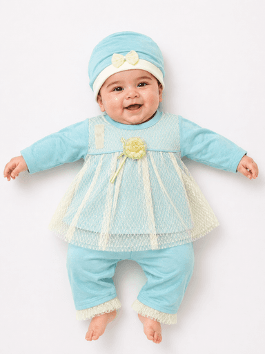 Newborn Baby Girls’ Jersey Lace Overlay 3-Piece Suit with Matching Cap
