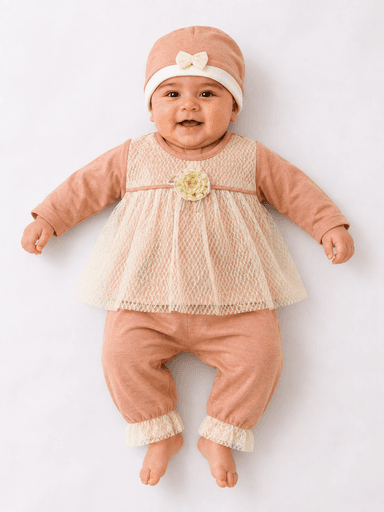 Newborn Baby Girls’ Jersey Lace Overlay 3-Piece Suit with Matching Cap