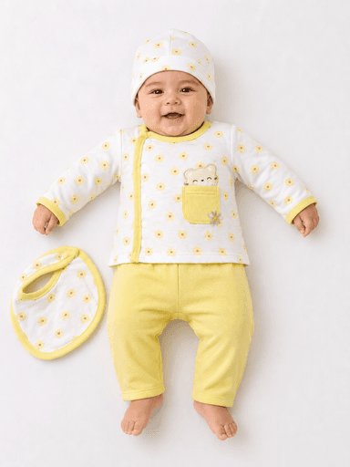 Newborn Baby Boys’ Jersey 4-Piece Printed Suit with Cap & Bib