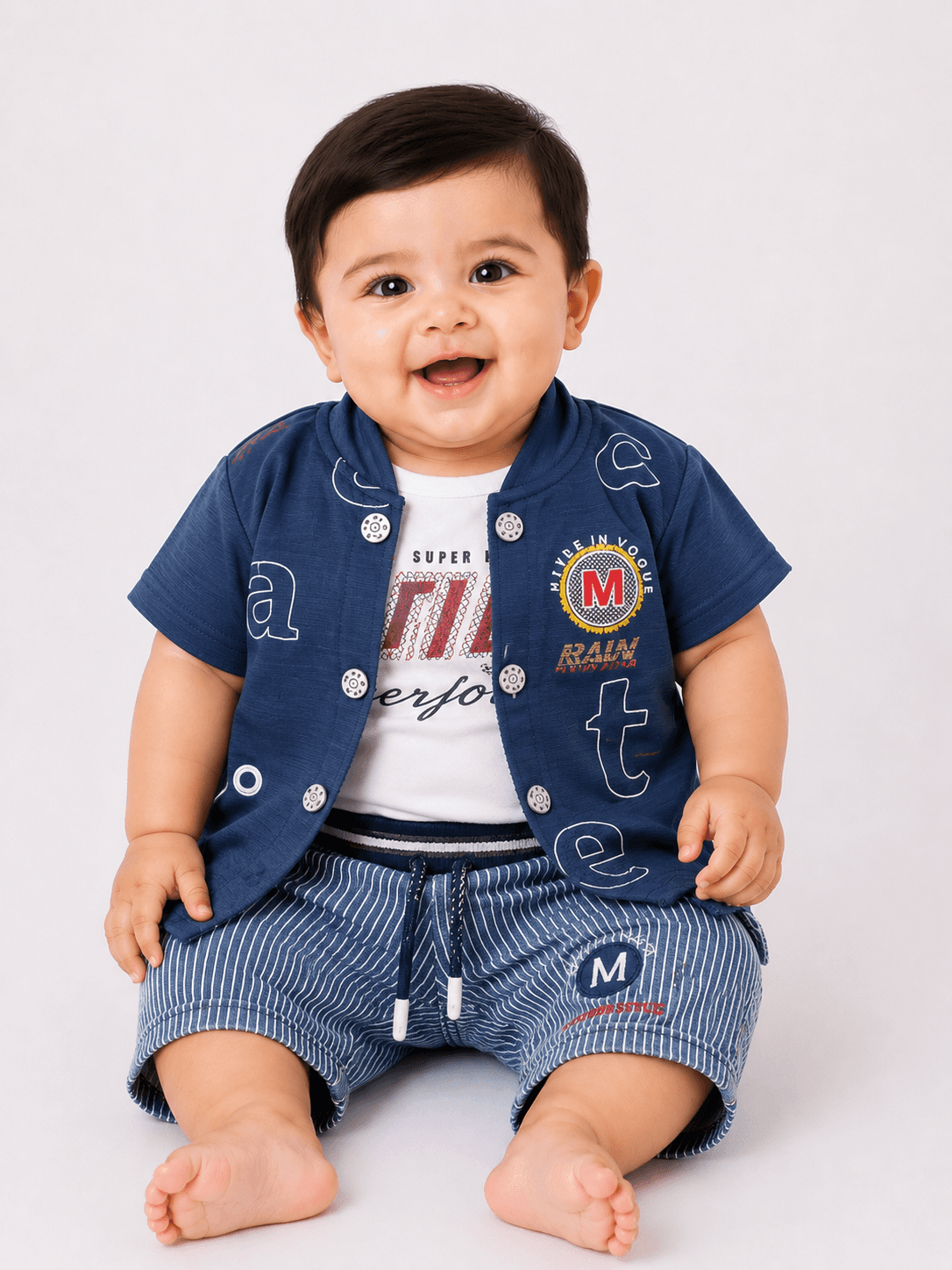 Baby Boys Jersey 3-Piece Printed Half-Sleeve Suit with Shorts