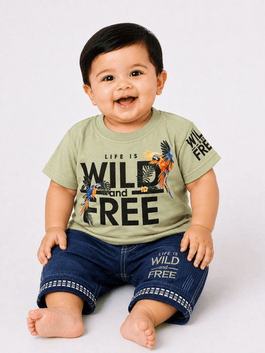 Baby Boys Wild & Free Printed Jersey T-Shirt & Denim-Style Nicker 2-Piece Suit