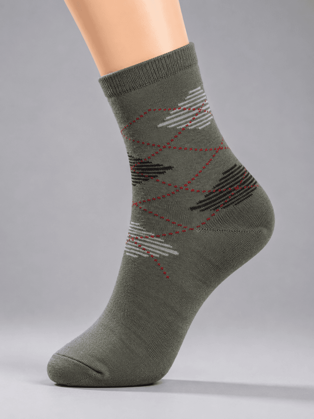 Men’s Olive Green Geometric Pattern Combed Cotton Crew Socks