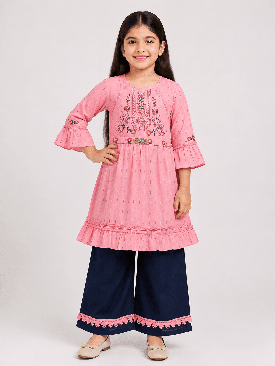 Girls’ Embroidered Lawn Kurti & Navy Blue Palazzo 2-Piece Suit