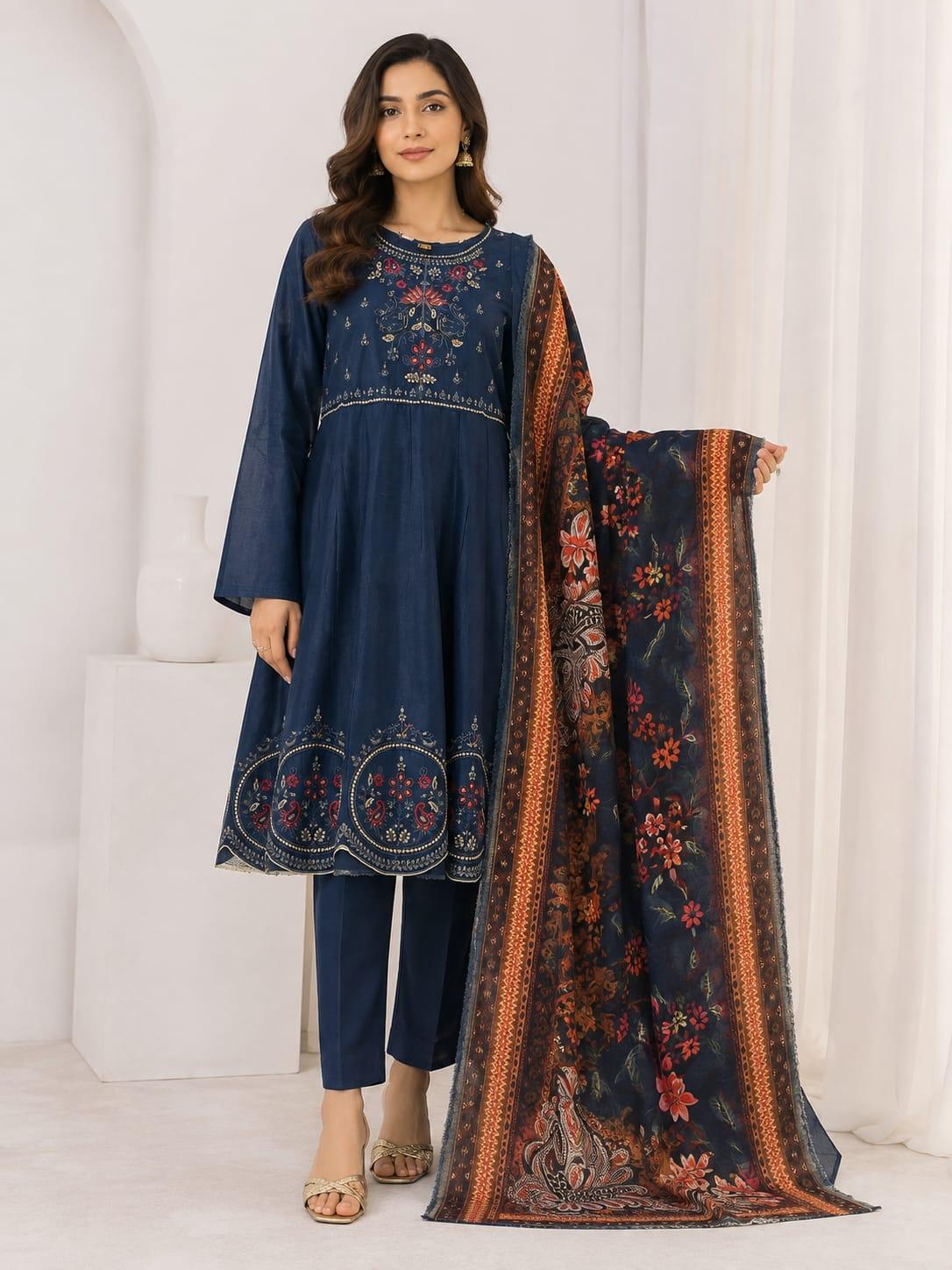 Ladies Navy Blue Embroidered Lawn Frock Suit with Floral Printed Dupatta – 3-Piece