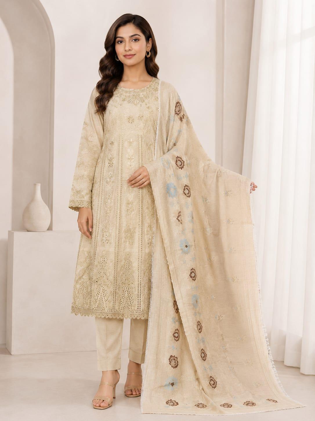 Ladies Elegant Long Embroidered Lawn Frock Suit with Dupatta – 3-Piece