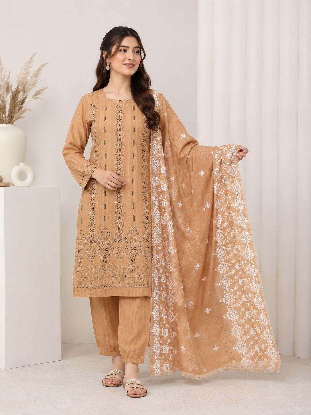 Ladies Camel Beige Embroidered Lawn Suit with Dupatta – 3-Piece